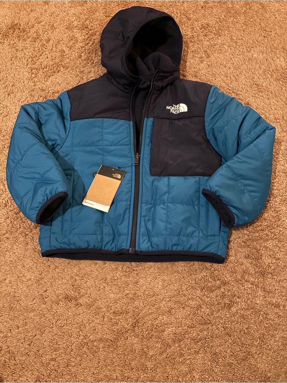 The North Face Teal and Navy Kids' Hooded Puffer Jacket